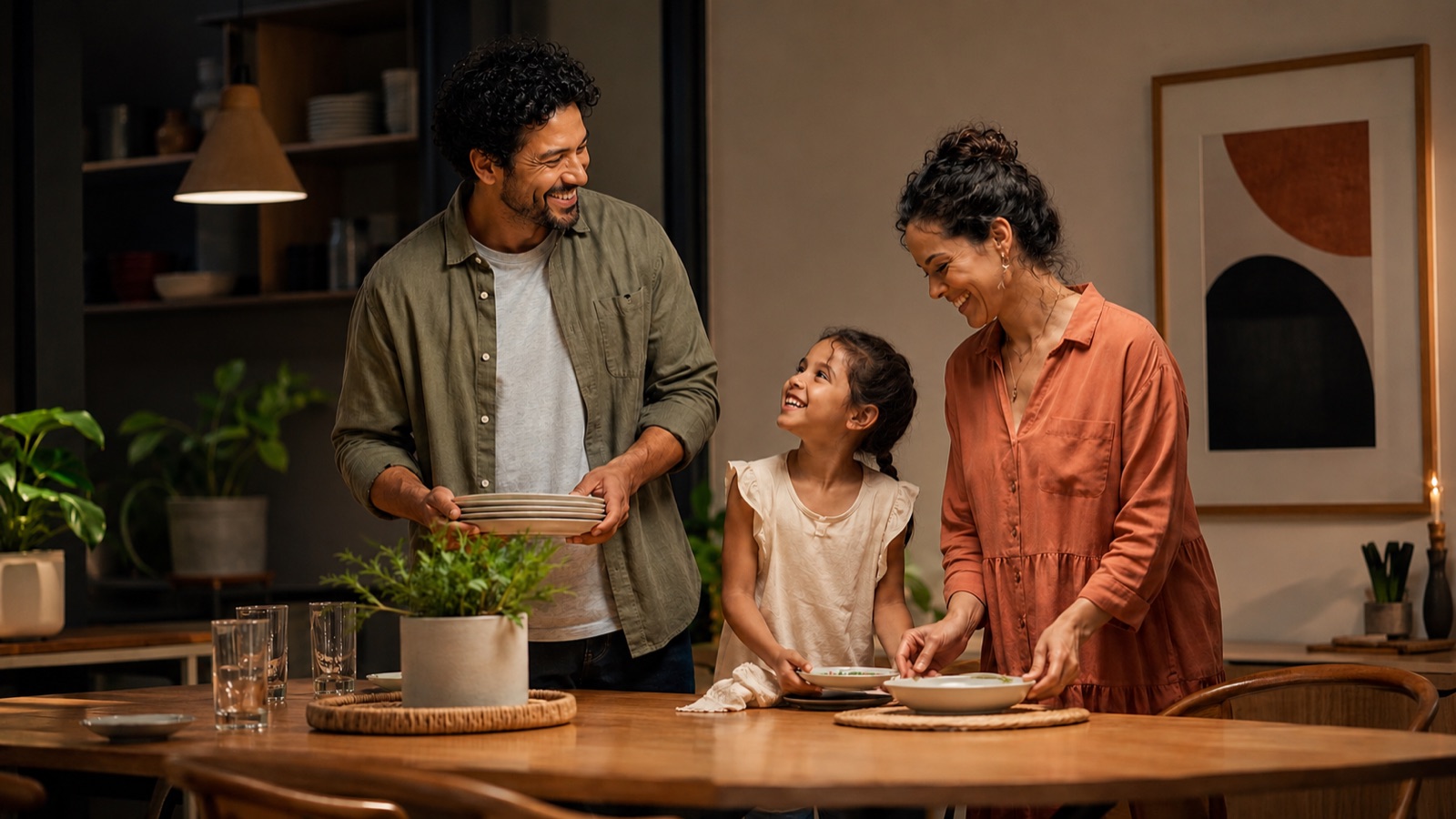 Família brasileira em casa, reunida à mesa na cozinha ao fim da tarde.
